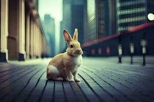 ein Hase Sitzung auf das Bürgersteig im Vorderseite von hoch Gebäude. KI-generiert foto