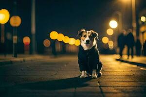 ein Hund Sitzung auf das Straße beim Nacht. KI-generiert foto