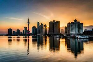 das Shanghai Horizont beim Sonnenuntergang. KI-generiert foto
