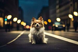 ein Hund Sitzung auf das Straße beim Nacht. KI-generiert foto