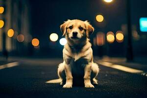 ein Hund Sitzung auf das Straße beim Nacht. KI-generiert foto