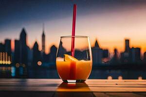 ein Glas von Orange Saft mit ein Stadt Horizont im das Hintergrund. KI-generiert foto