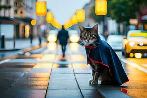 ein Katze tragen ein Kap auf das Straße. KI-generiert foto