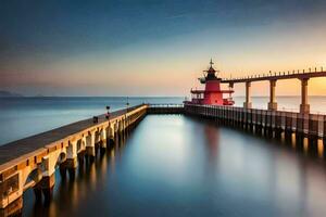 ein rot Leuchtturm sitzt auf ein Seebrücke beim Sonnenuntergang. KI-generiert foto
