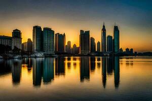 das Stadt Horizont ist reflektiert im das Wasser beim Sonnenuntergang. KI-generiert foto