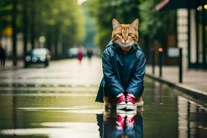 ein Katze im ein Regenjacke Sitzung auf das Boden. KI-generiert foto