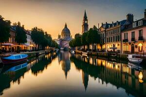 ein Kanal im das Mitte von ein Stadt beim Sonnenuntergang. KI-generiert foto