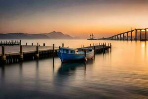 ein Boot sitzt auf das Dock beim Sonnenuntergang. KI-generiert foto