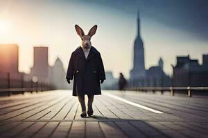ein Hase tragen ein Mantel und Stehen auf ein Brücke. KI-generiert foto