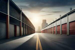 ein lange leeren Straße mit ein Stadt Horizont im das Hintergrund. KI-generiert foto