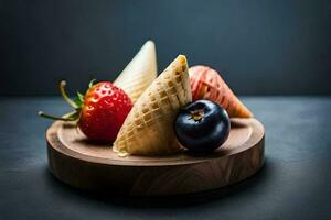 Eis Sahne Zapfen mit Beeren auf ein hölzern Platte. KI-generiert foto