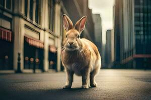 ein Hase ist Stehen im das Mitte von ein Stadt Straße. KI-generiert foto