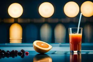 ein Glas von Saft mit Beeren und Orangen auf ein Tisch. KI-generiert foto