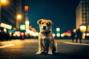 ein Hund Sitzung auf das Straße beim Nacht. KI-generiert foto