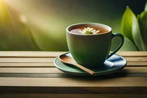 ein Tasse von Tee auf ein hölzern Tisch. KI-generiert foto