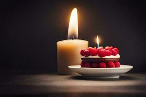 ein klein Kuchen mit Himbeeren und ein Kerze. KI-generiert foto