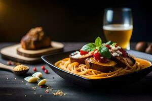 Spaghetti mit Fleisch und Gemüse im ein Schüssel. KI-generiert foto