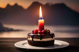 ein Schokolade Kuchen mit ein Kerze auf oben. KI-generiert foto