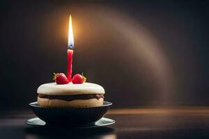 ein Single Kerze ist zündete auf ein Cupcake. KI-generiert foto