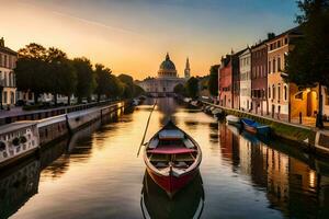 ein Boot ist angedockt im ein Kanal beim Sonnenuntergang. KI-generiert foto