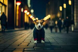 ein Hund tragen ein Jacke Stehen auf ein Straße beim Nacht. KI-generiert foto