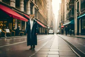 ein Frau tragen ein Katze Maske Spaziergänge Nieder ein Stadt Straße. KI-generiert foto