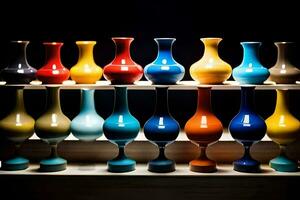 ein Reihe von bunt Vasen auf ein Regal. KI-generiert foto