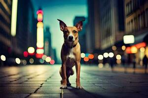 ein Hund Stehen auf ein Stadt Straße beim Nacht. KI-generiert foto