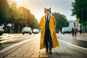 ein Katze tragen ein Gelb Mantel und Krawatte Gehen Nieder ein Straße. KI-generiert foto