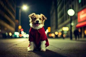ein Hund tragen ein rot Mantel sitzt auf das Straße beim Nacht. KI-generiert foto
