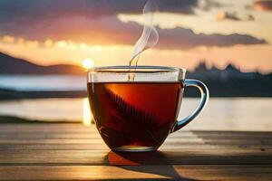 ein Tasse von Tee auf ein hölzern Tabelle mit ein Sonnenuntergang im das Hintergrund. KI-generiert foto
