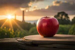 ein Apfel sitzt auf ein hölzern Tabelle im Vorderseite von das Sonne. KI-generiert foto