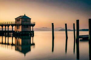 ein Seebrücke mit ein Haus und ein Dock beim Sonnenuntergang. KI-generiert foto