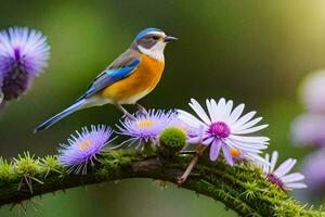 ein Vogel ist thront auf ein Ast mit lila Blumen. KI-generiert foto