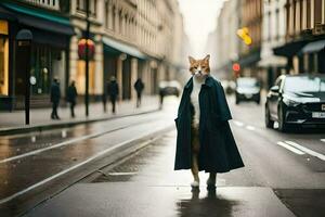 ein Katze im ein Mantel Stehen auf das Straße. KI-generiert foto