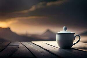 ein Kaffee Tasse sitzt auf ein hölzern Tabelle im Vorderseite von ein Sonnenuntergang. KI-generiert foto
