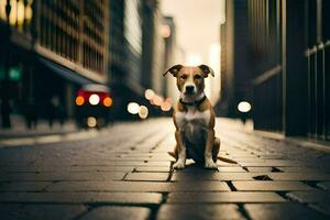 ein Hund Sitzung auf das Straße im ein Stadt. KI-generiert foto