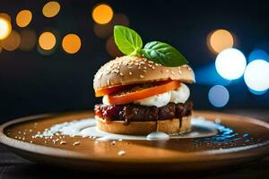 ein Hamburger mit Tomate und Käse auf ein hölzern Platte. KI-generiert foto