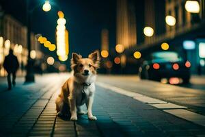 ein Hund Sitzung auf das Straße beim Nacht. KI-generiert foto