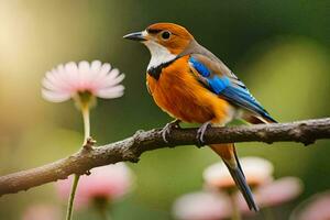 ein bunt Vogel sitzt auf ein Ast mit Rosa Blumen. KI-generiert foto