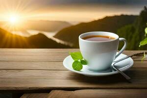 ein Tasse von Tee auf ein hölzern Tabelle mit ein Aussicht von das Berge. KI-generiert foto