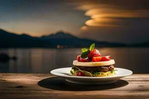 ein Teller von Essen mit Erdbeeren und Käse auf ein Tisch. KI-generiert foto