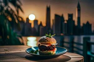 ein Burger auf ein Teller mit ein Stadt Horizont im das Hintergrund. KI-generiert foto