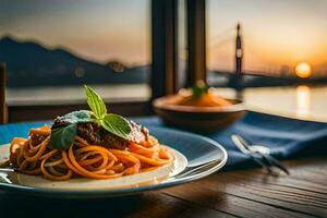 ein Teller von Spaghetti mit Fleisch und Gemüse auf ein Tabelle im Vorderseite von ein Sonnenuntergang. KI-generiert foto