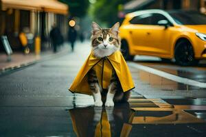 ein Katze im ein Gelb Regenjacke Stehen auf ein nass Straße. KI-generiert foto