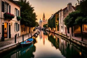 ein Kanal im ein Stadt mit Boote und Gebäude. KI-generiert foto