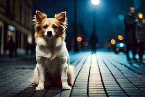 ein Hund Sitzung auf das Straße beim Nacht. KI-generiert foto