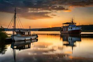 Boote angedockt beim das Ufer von ein See beim Sonnenuntergang. KI-generiert foto