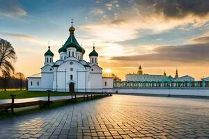 das Sonne setzt Über das Kathedrale im Kiew. KI-generiert foto
