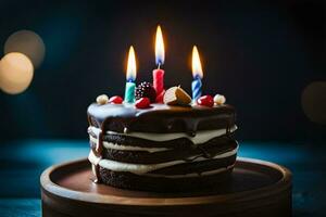 ein Schokolade Geburtstag Kuchen mit Kerzen auf Es. KI-generiert foto
